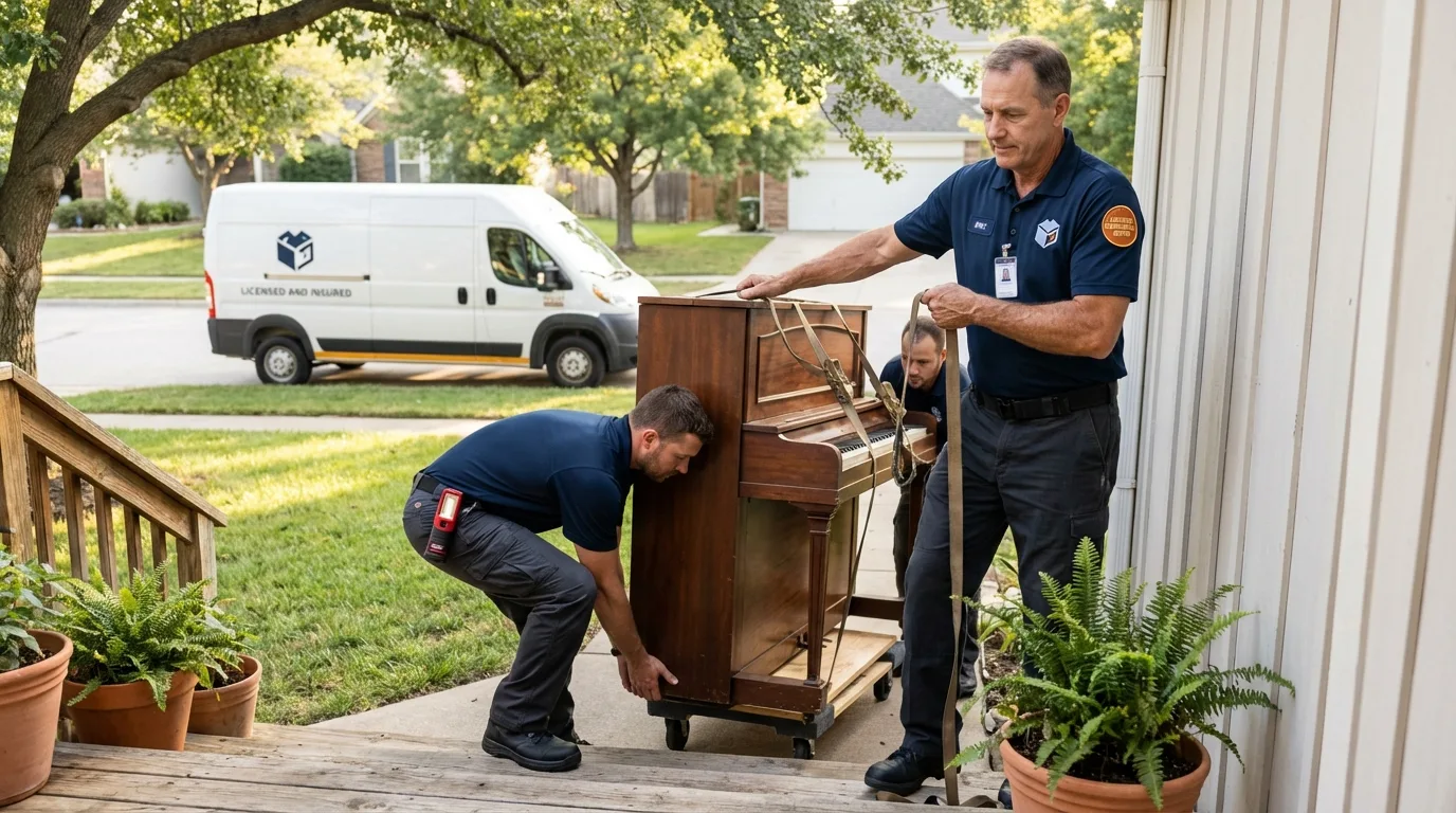 Licensed piano movers securing grand piano in Greenwood, AR