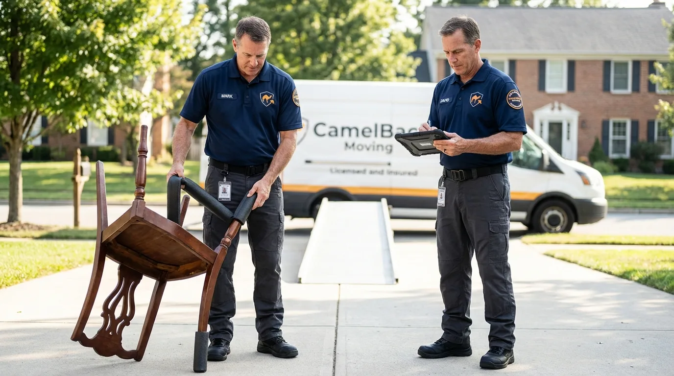 Movers inspecting furniture for damage prevention before loading in Greenwood, AR