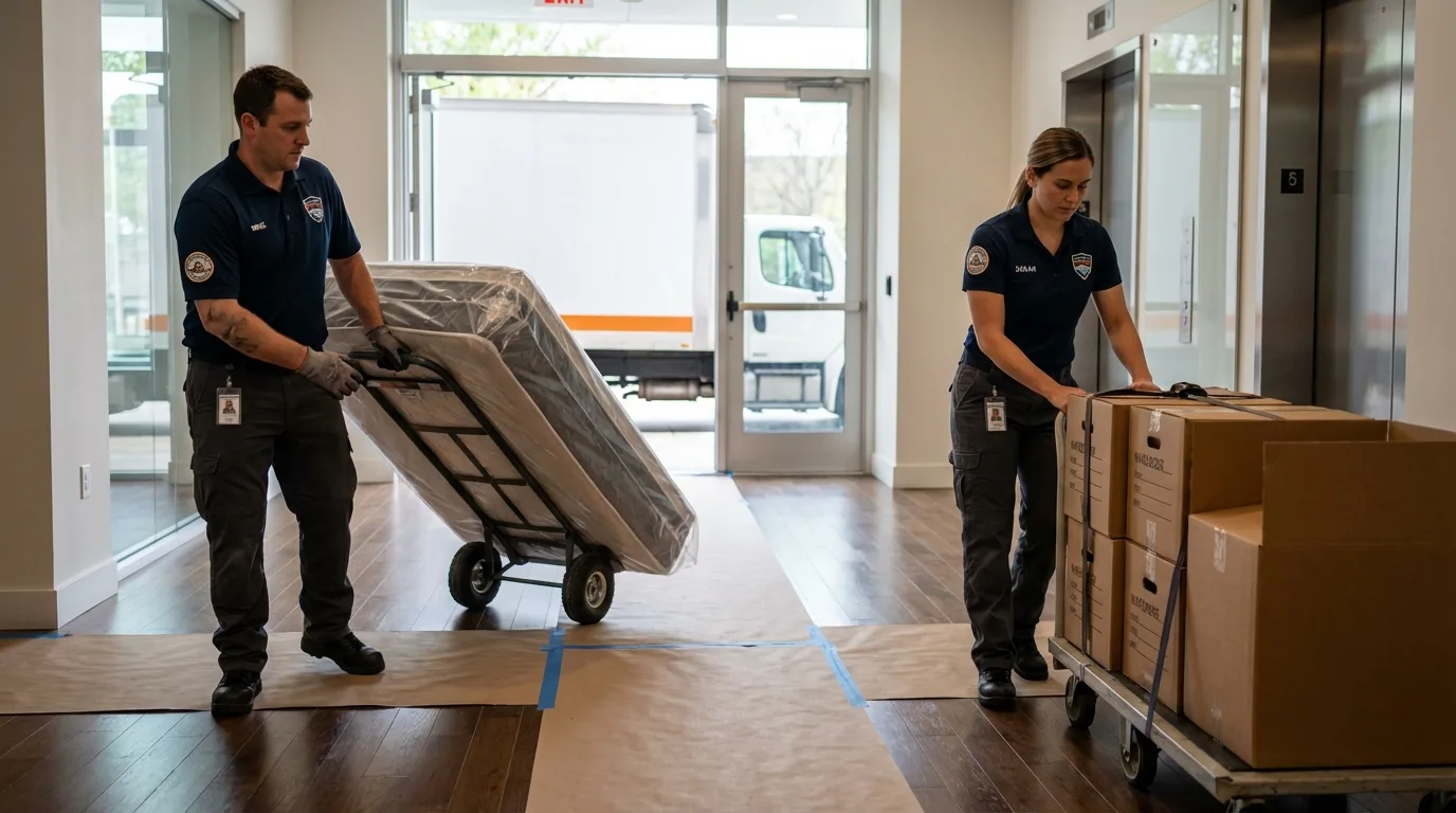 Professional apartment movers loading elevator in Greenwood, AR